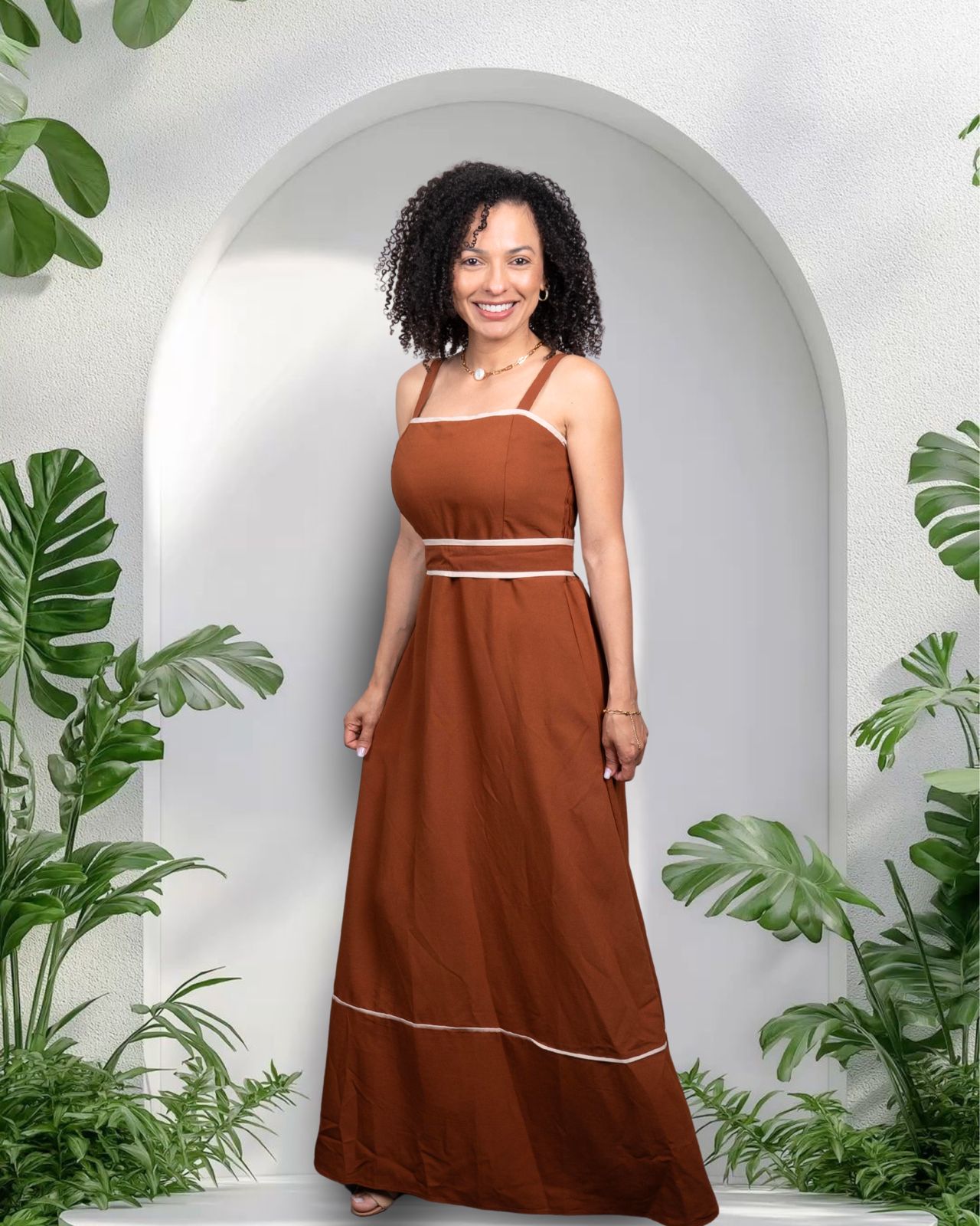 Rust Maxi Dress with White Trim